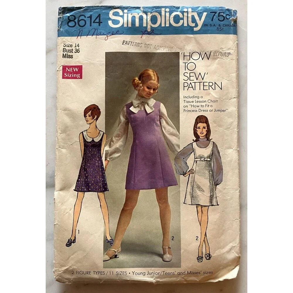 Vintage 1969 Misses Jumper Dress Blouse Simplicity 8614‎ Size 14 Bust 36 CUT